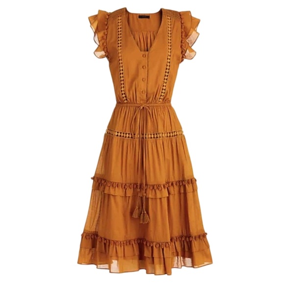 Point Sur for Jcrew Pom-Pom Flutter Sleeve Cotton Midi Dress in Caramel Womans 4 - Picture 2 of 7